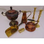 A quantity of copper and brass to include a samovar and a pair of 19th century brass candlesticks (