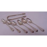 Six bright cut silver teaspoons and matching pair of sugar tongs, approx total weight 96g