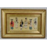 A framed and glazed oriental stump work image of six characters in traditional dress, 19 x 39.5cm