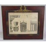 A 19th century monochromatic French architectural print in wooden frame with gilt metal mounts in