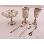 A quantity of hallmarked silver to include two Kiddush cups, a bonbon dish and three spoons,