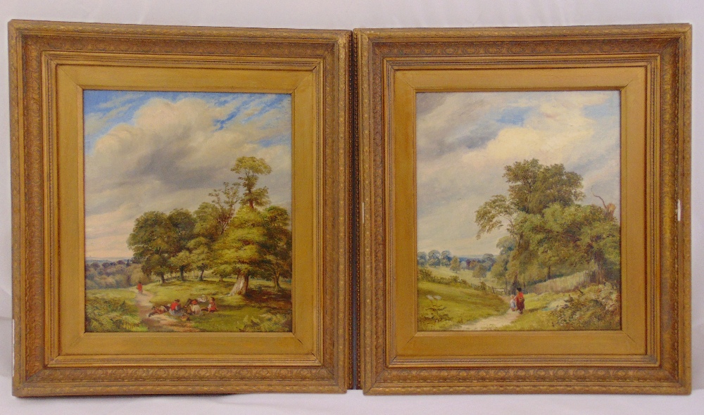 A pair of framed oils on canvas of figures in a landscape, 34.5 x 29cm