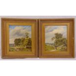 A pair of framed oils on canvas of figures in a landscape, 34.5 x 29cm