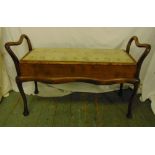 A mahogany rectangular piano stool with upholstered hinged seat, scrolling sides and legs, 64.5 x 99