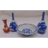 A pair of blue and white oriental bottle vases, a Kutani vase and a lattice work blue and white