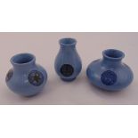 Three Moorcroft Flaminian miniature vases, marks to the bases, 9cm, 10cm and 8cm (h)