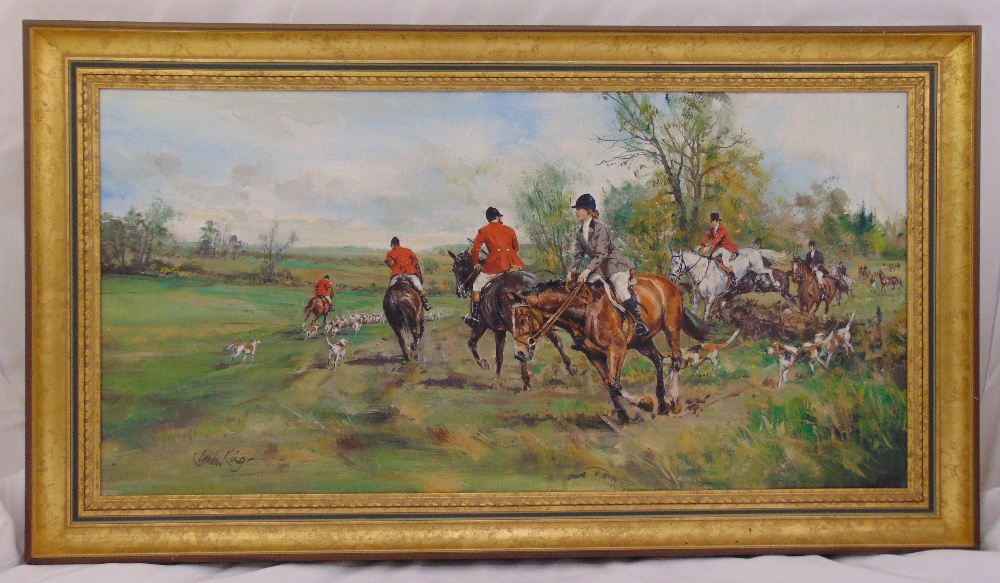 Gordon King framed oil on canvas of a hunting scene, signed bottom left, 51 x 101.5cm