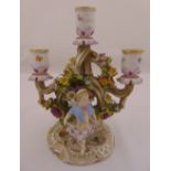 Meissen 19th century three light candelabrum decorated with children to both sides, flowers and