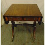 A rectangular mahogany drop flap sofa table with two drawers on cabriole legs, A/F, 73 x 104 x 58.
