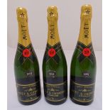 Moet and Chandon 1992 vintage Brut Imperial, three 75cl bottles