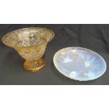 A frosted glass bowl by Sabino France decorated with birds and a Bohemian amber cut glass vase