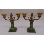 A pair of late 19th century French two light candelabra, the porcelain columns with gilt