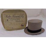 A gentlemans grey felt top hat in original box retailed by Walter Barnard and son, Jermyn Street,