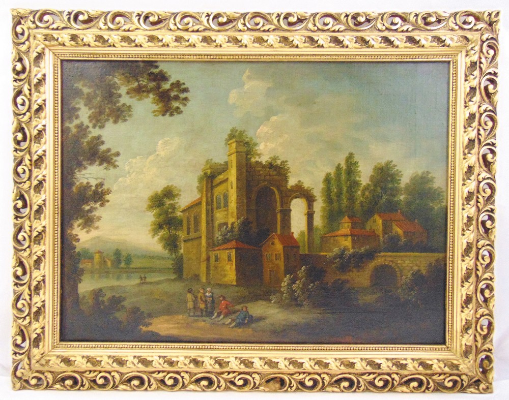 A framed 18th century Flemish school oil on canvas landscape with figures in the foreground, label