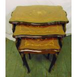 A nest of three shaped rectangular Kingswood tables with floral satinwood inlays to the tops, 59 x