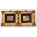 A pair of framed and glazed hand painted landscape miniatures, 6 x 8cm