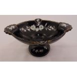 Bohemian black glass dish shaped oval decorated with flowers, on raised circular base, 11.5 x 24.5 x