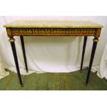 A rectangular mahogany and marble consol table with fluted cylindrical legs and stylised floral