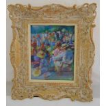 A framed and glazed oil and pastel painting of a crowd scene, monogrammed MR bottom right in the