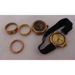 Three 9ct gold rings and two gold watches, approx total weight of rings 12.6g