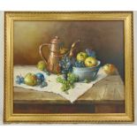 F Maggi framed oil on canvas still life of fruit on a table, signed bottom right, 50 x 60.5cm