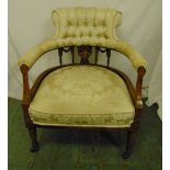 An Edwardian mahogany inlaid satinwood upholstered ladies chair on original castors, 79 x 64 x 67cm