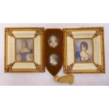 A pair of framed miniatures of ladies and a pair of miniature portraits of ladies in a velvet frame,