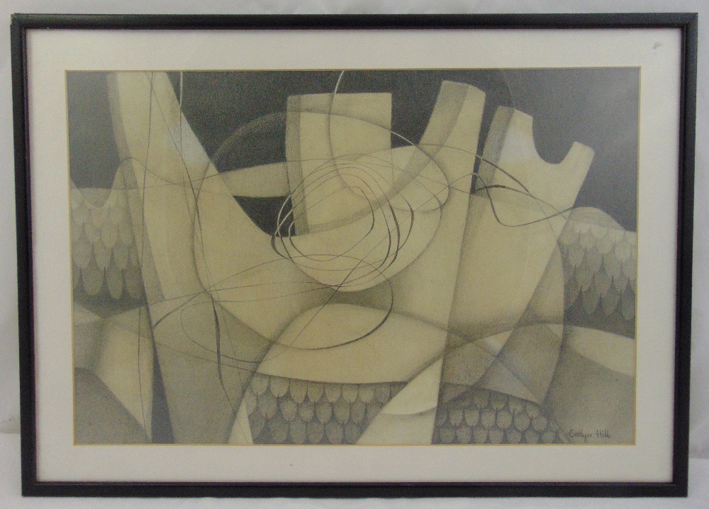 Evelyn Hill framed and glazed monochromatic pencil drawing, signed bottom right, 34 x 51.5cm