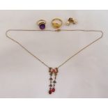 A quantity of 9ct jewellery to include two rings, a pair of earrings and a necklace, approx total