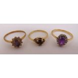 Three 9ct gold rings set with semi precious stones, approx total weight 4.6g