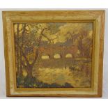 W Ludlow framed oil on panel of figures on a bridge, signed bottom right, 42 x 49cm