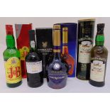 Courvoisier VSOP cognac 1 litre, Famous Grouse 1987 malt whisky aged 12 years, J & B whisky and