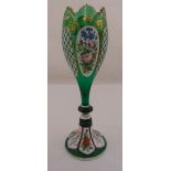 Bohemian green glass vase with overlaid panels decorated with flowers and leaves, A/F, 31cm (h)
