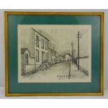 A framed and glazed monochromatic lithographic print of a road and houses, in the style of Bernard