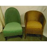 Two Lloyd Loom lusty chairs to include a nursing chair, labels to bases, green chair 83 x 49 x