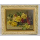 Walter G Sanders framed oil on canvas still life of roses, signed and dated 1886 bottom left, 30.5 x