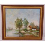 Lehman framed oil on canvas of houses by a canal, signed bottom left, 51x 61cm