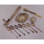 A quantity of silver and white metal to include a George IV stilton scoop, a set of six rattail