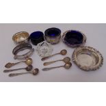 A quantity of silver and white metal to include salt cellars and condiment spoons, approx weight