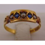 Victorian 15ct yellow gold sapphire and seed pearl ring, Birmingham 1898, approx total weight 2.1g