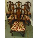 A set of six early 20th century mahogany and burr walnut dining chairs with upholstered seats and