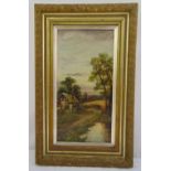 E Cole framed oil on canvas of a farmyard scene, signed bottom right, 61 x 31cm