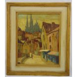 W Ludlow framed oil on panel titled Chartres, label to verso, signed bottom right, 44 x 36cm