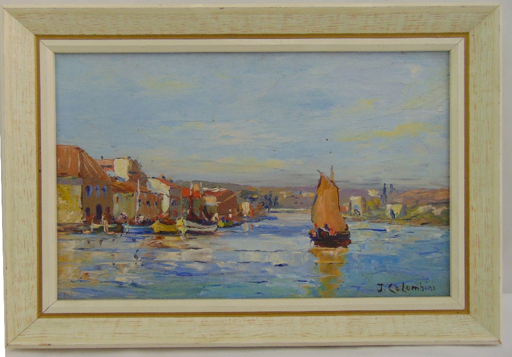 J Colombini framed oil on panel of a sailing boat on a river, signed bottom right, 14.5 x 23cm