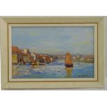 J Colombini framed oil on panel of a sailing boat on a river, signed bottom right, 14.5 x 23cm