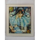 A framed oil on canvas of a Harlequin Girl, indistinctly signed bottom left, 60.5 x 50.5cm