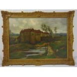 Frederich Marriott 1860-1941 framed oil on canvas of a Chateau in a landscape, details to verso,