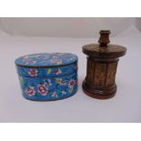 An oval cloisonné box with pull off cover and a Tunbridgeware toothpick holder of cylindrical form