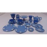 A quantity of Wedgwood blue Jasperware to include teapot, cups, saucers, plates and dishes (14)