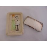 A rare risqué 1930s porcelain ashtray with two figures and an Edwardian silver plated sandwich box